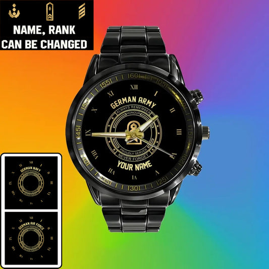 Personalized Germany Soldier/ Veteran With Name And Rank Black Stainless Steel Watch - 2803240001 - Gold Version