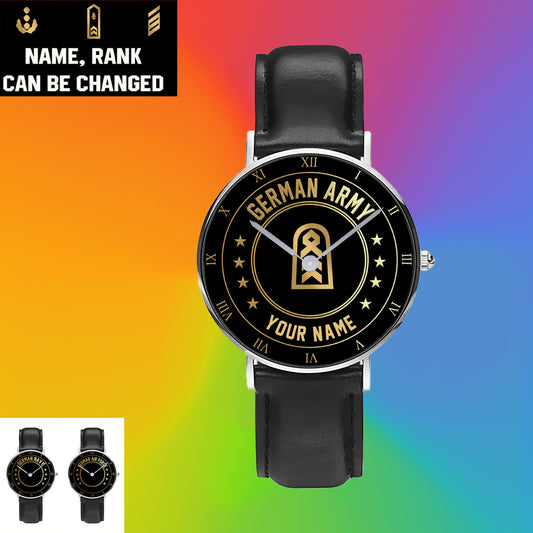 Personalized Germany Soldier/ Veteran With Name And Rank Black Stitched Leather Watch - 2003240001 - Gold Version