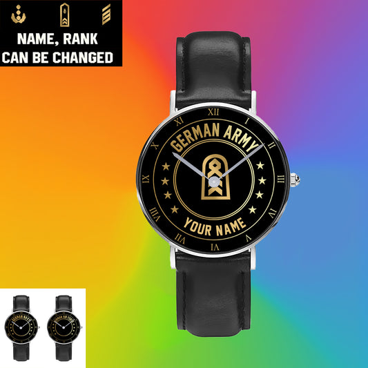 Personalized Germany Soldier/ Veteran With Name And Rank Black Stitched Leather Watch - 17108928 - Gold Version