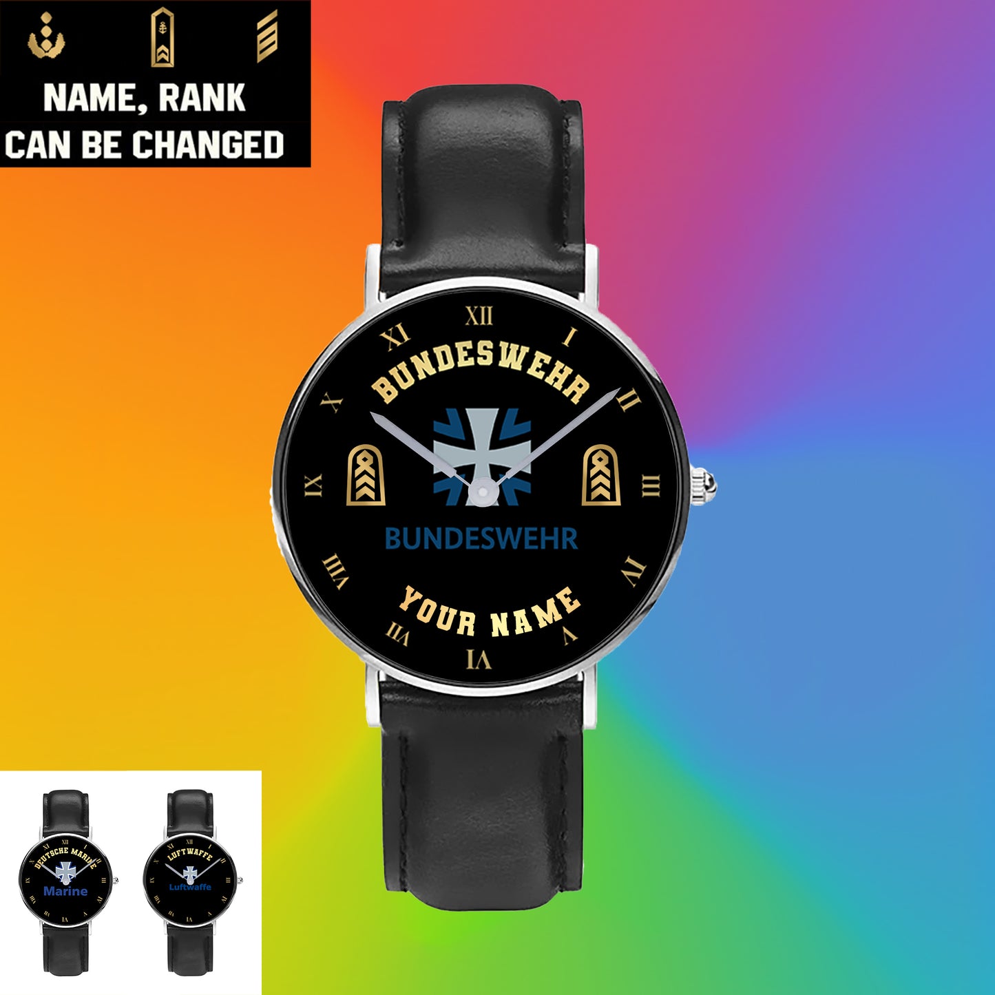 Personalized Germany Soldier/ Veteran With Name And Rank Black Stitched Leather Watch - 17098560 - Gold Version