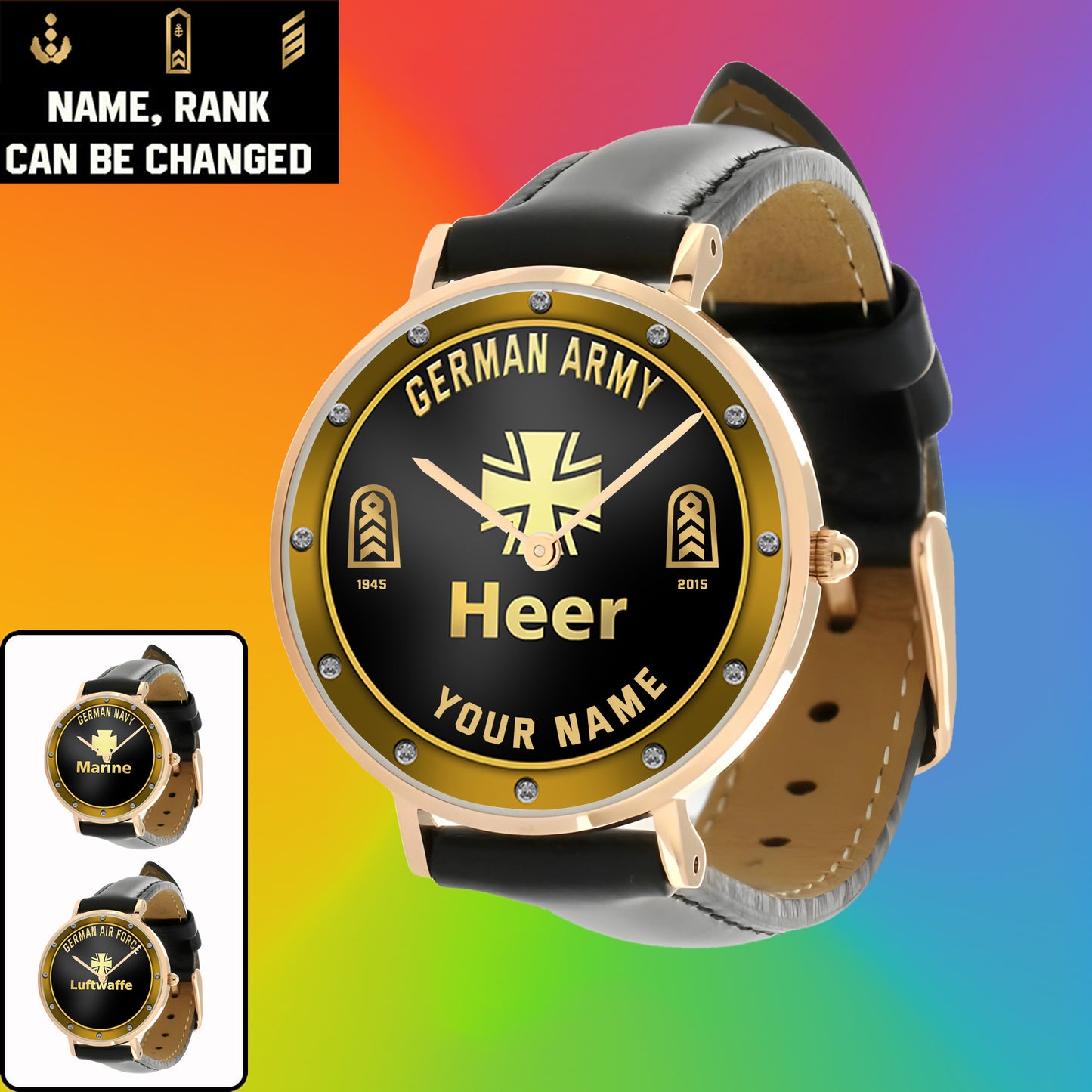 Personalized Germany Soldier/ Veteran With Name, Rank And Year Black Stitched Leather Watch - 17107200 - Gold Version