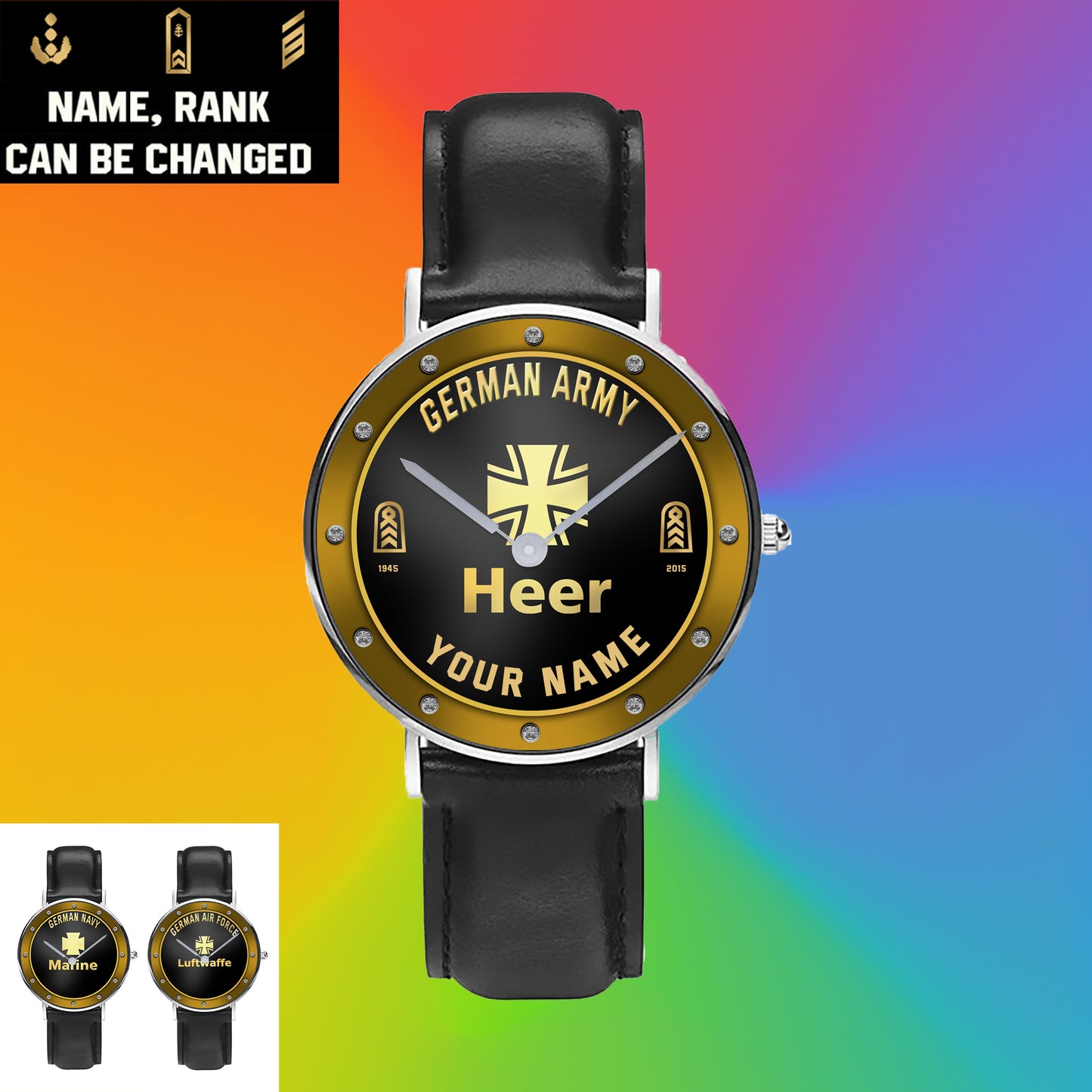 Personalized Germany Soldier/ Veteran With Name, Rank And Year Black Stitched Leather Watch - 17107200 - Gold Version