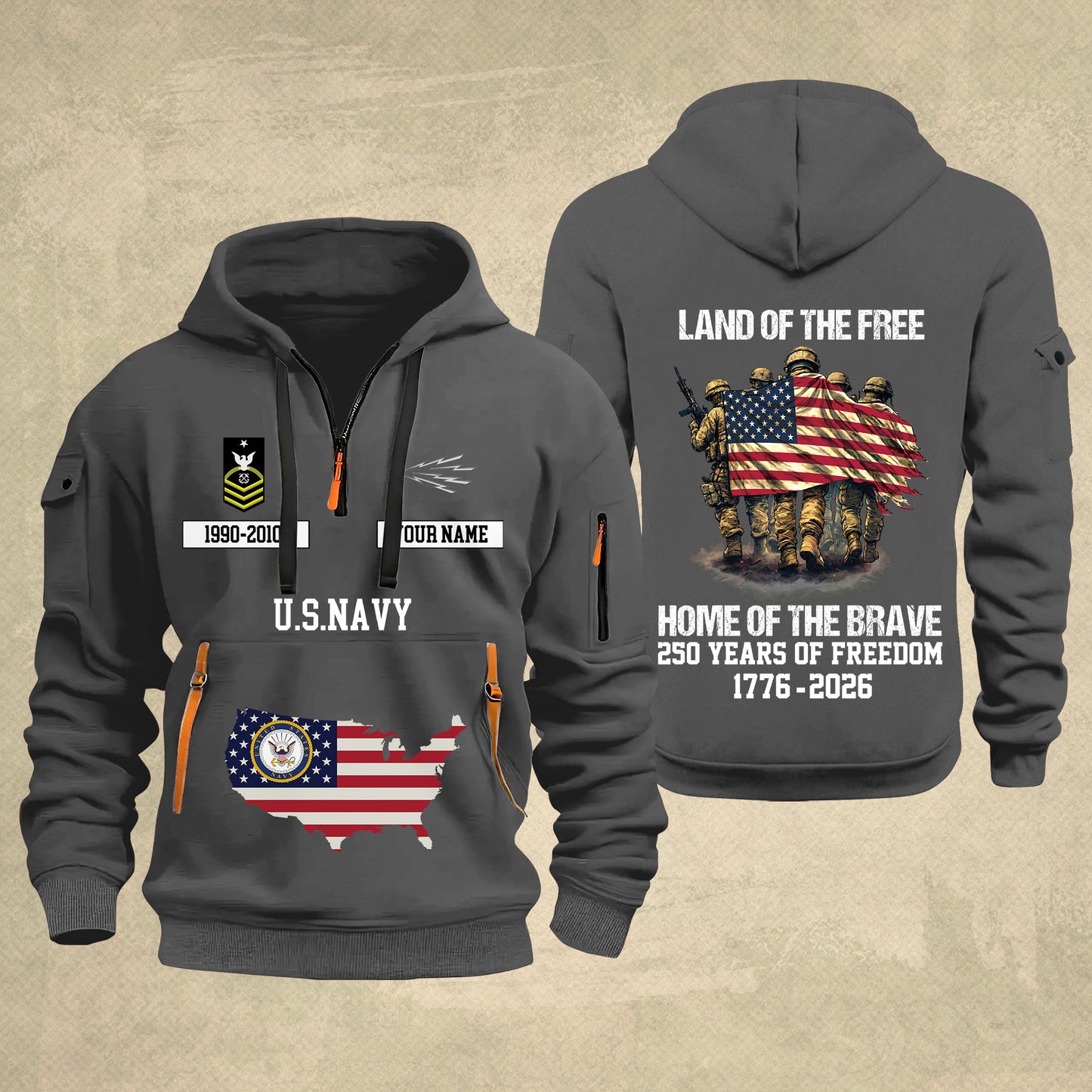 Navy Rating - Land Of The Free Home Of The Brave – Personalized Zip Hoodie Multicolor, Custom Rank Unit Military Branch Zip Hoodie Multicolor, 250th USA, 4th of July - 17700768