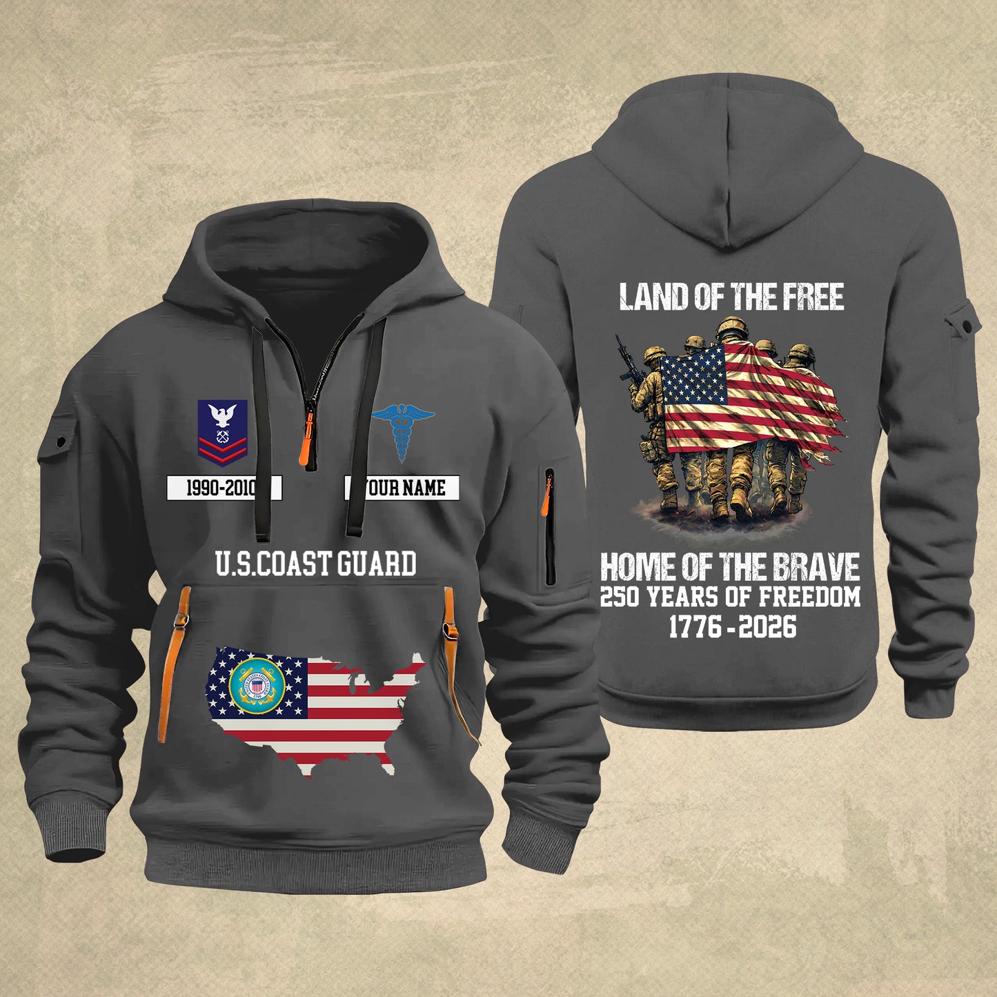 Coast Guard Rating - Land Of The Free Home Of The Brave – Personalized Zip Hoodie Multicolor, Custom Rank Unit Military Branch Zip Hoodie Multicolor, 250th USA, 4th of July - 17700768