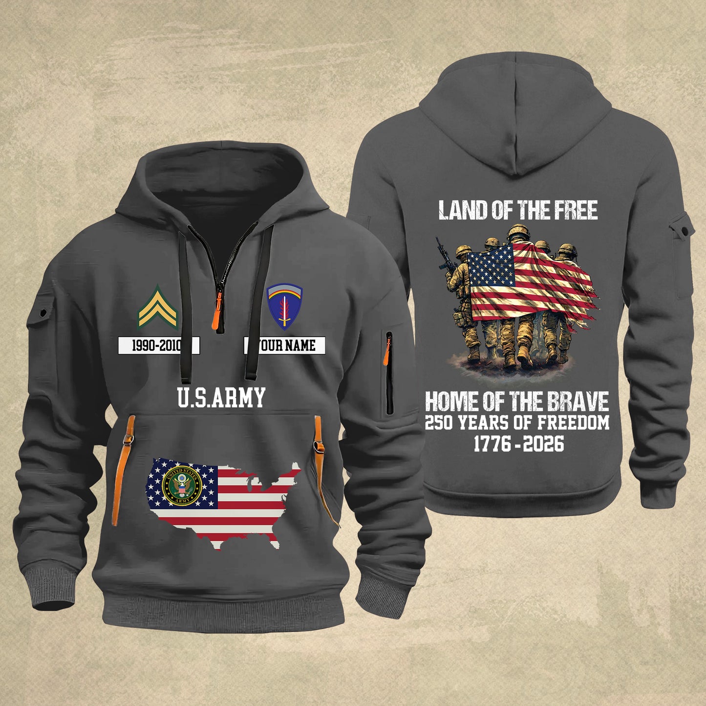 Army Division - Land Of The Free Home Of The Brave – Personalized Zip Hoodie Multicolor, Custom Rank Unit Military Branch Zip Hoodie Multicolor, 250th USA, 4th of July - 17700768