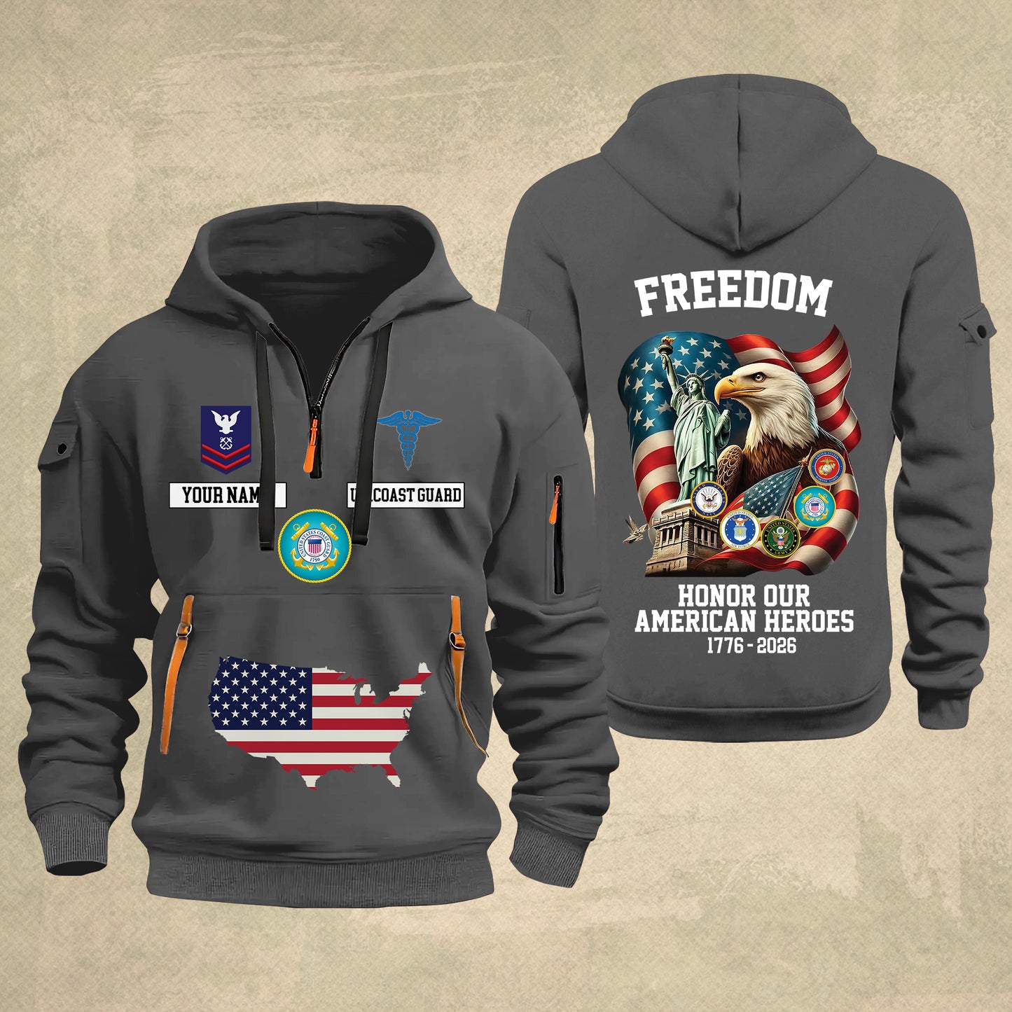 Coast Guard Rating - Freedom Honor Our American Heroes – Personalized Multicolor Zip Hoodie | Custom Military Branch | 250th Anniversary | 4th of July - 17699904