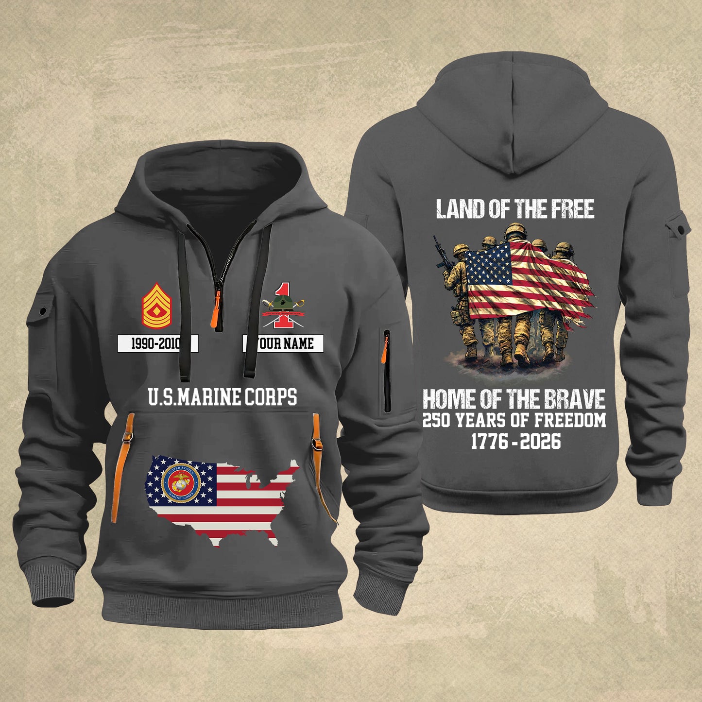Marines Battalions - Land Of The Free Home Of The Brave – Personalized Zip Hoodie Multicolor, Custom Rank Unit Military Branch Zip Hoodie Multicolor, 250th USA, 4th of July - 17700768