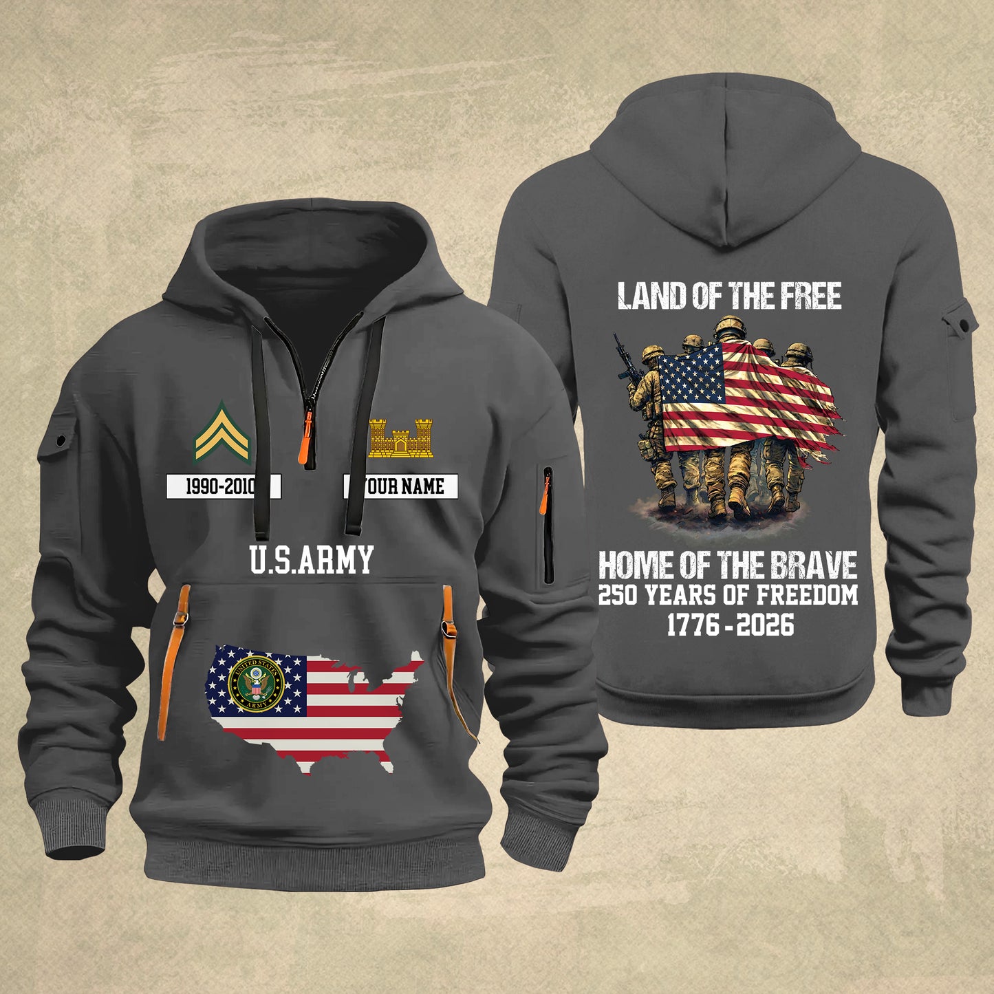 Army Branch - Land Of The Free Home Of The Brave – Personalized Zip Hoodie Multicolor, Custom Rank Unit Military Branch Zip Hoodie Multicolor, 250th USA, 4th of July - 17700768