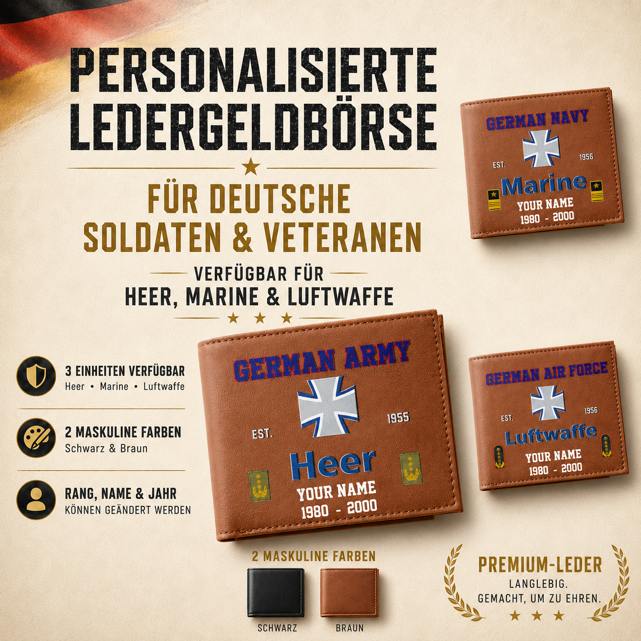 Personalized Germany Soldier/ Veteran With Rank, Year And Name Leather Wallet - 17441568