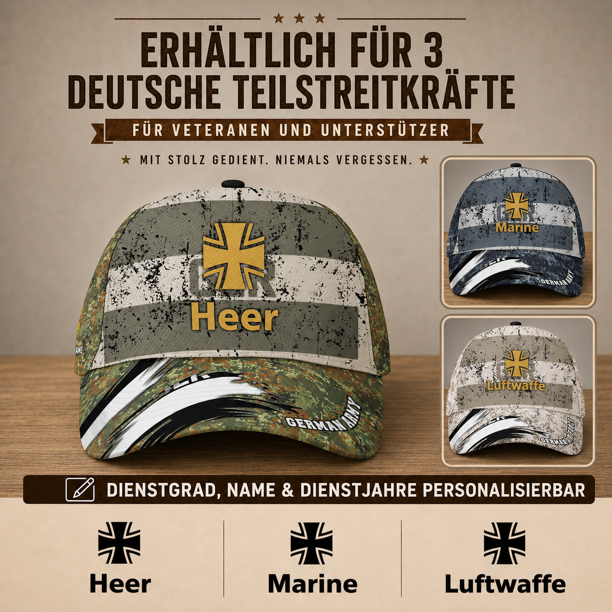 Personalized Name & Rank Germany Soldier/Veterans Baseball Cap - 1759968003