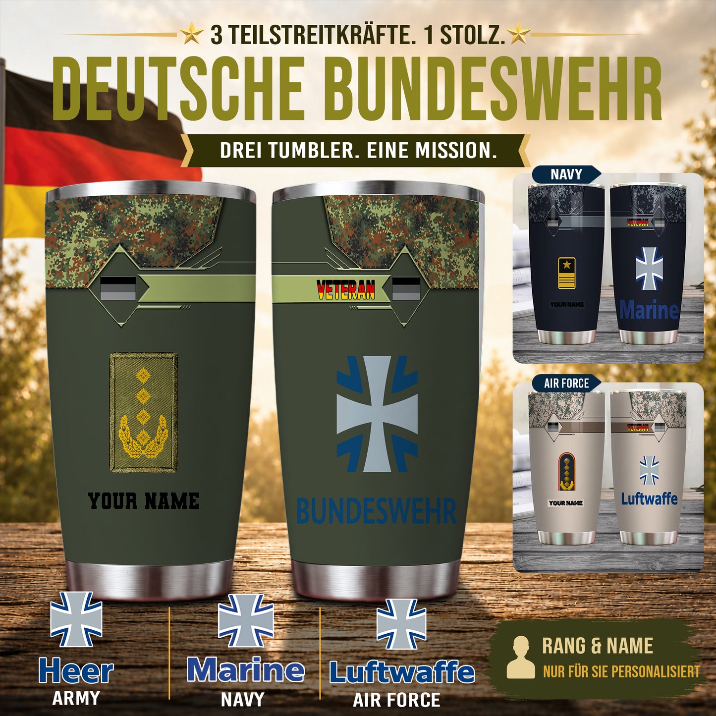 Personalized German Veteran/ Soldier With Rank And Name Camo Tumbler All Over Printed - 16817760