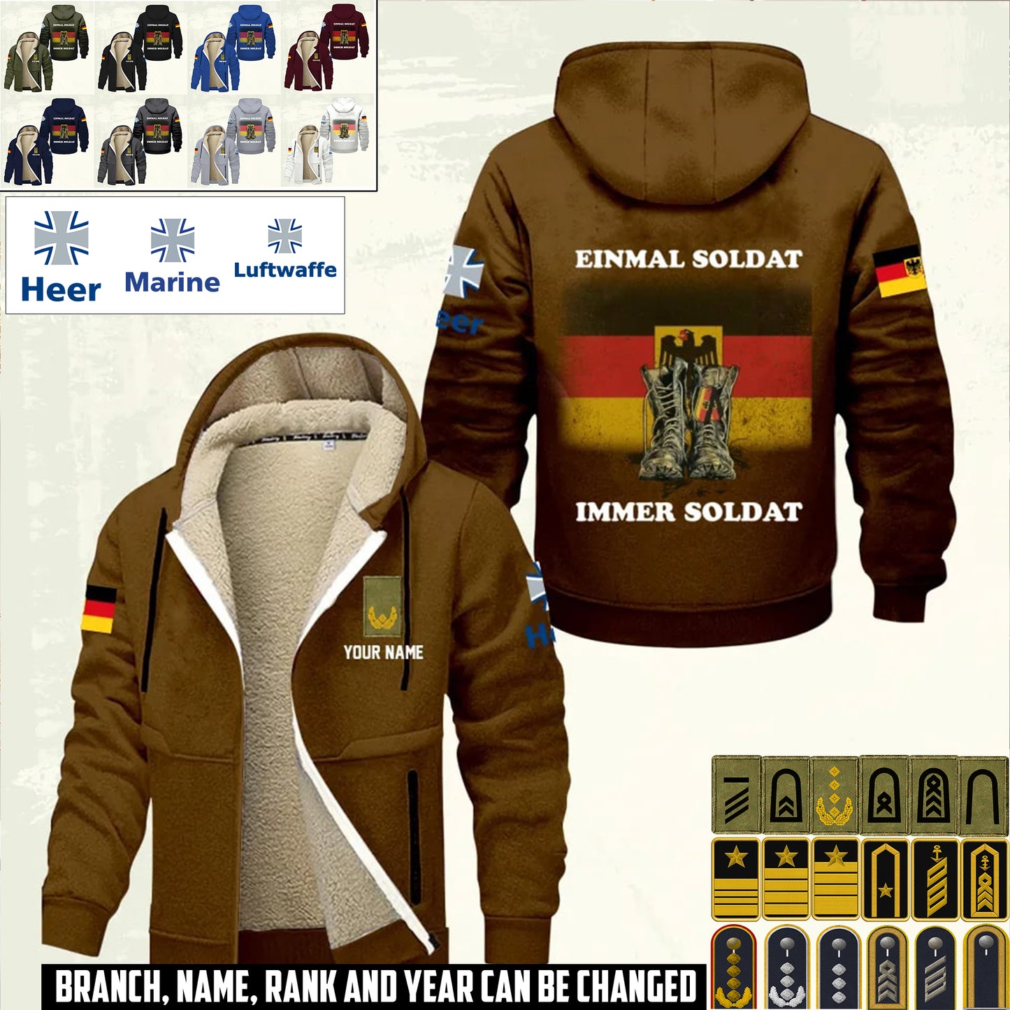 Personalized Germany Soldier/ Veteran With Name And Rank Hoodie Zip Velvet Coat - 17362080