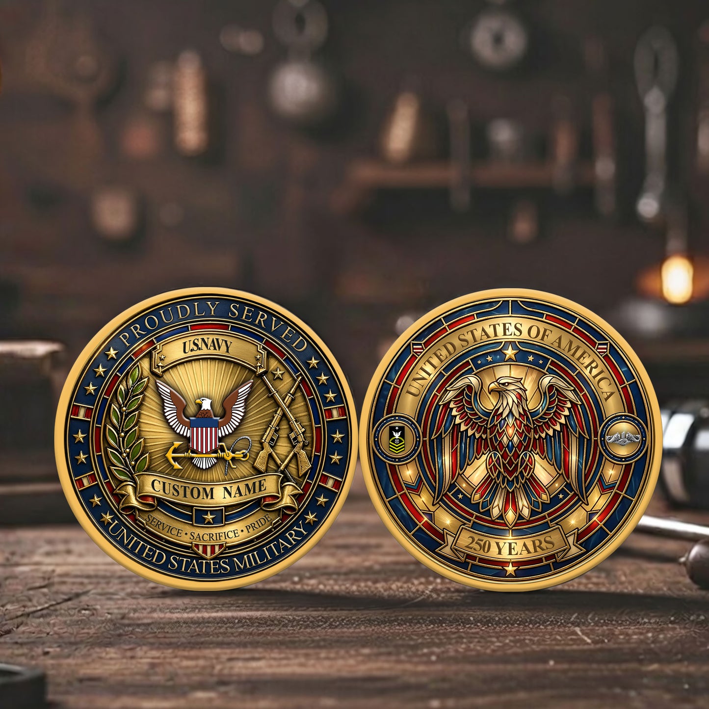 Navy Badge - Personalized US Veteran/ Soldier With Rank, Name And Year 250th Anniversary Coin - 1777420803