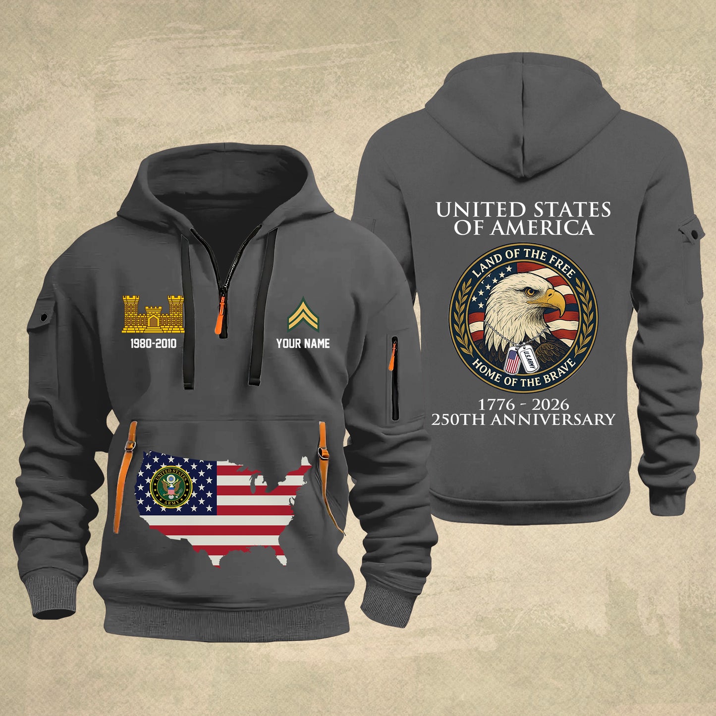 Army Branch - Personalized 250th America Anniversary Zip Hoodie Multicolor, Land Of The Free Home Of The Brave Zip Hoodie, Custom Military Branch Hoodie - 17691264