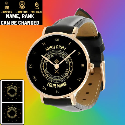 Personalized Ireland Soldier/ Veteran With Name, Rank Black Stitched Leather Watch - 2803240001 - Gold Version
