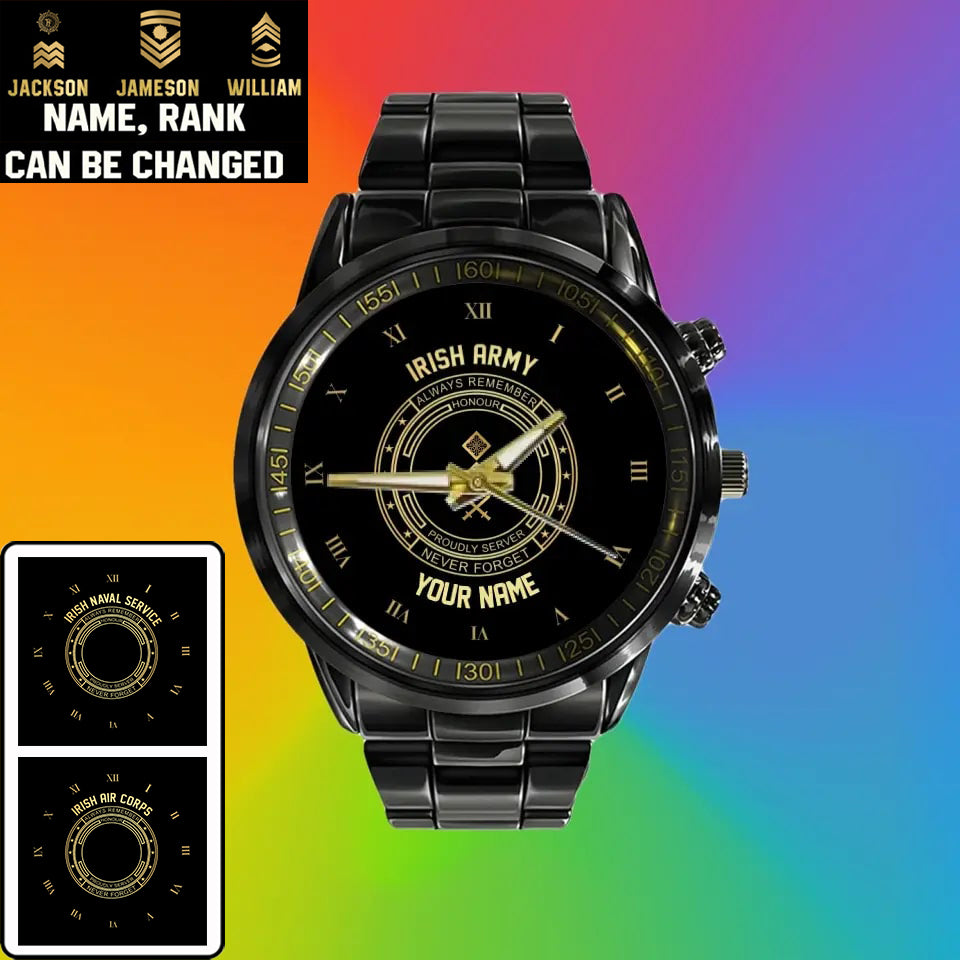 Personalized Ireland Soldier/ Veteran With Name And Rank Black Stainless Steel Watch - 17115840 - Gold Version