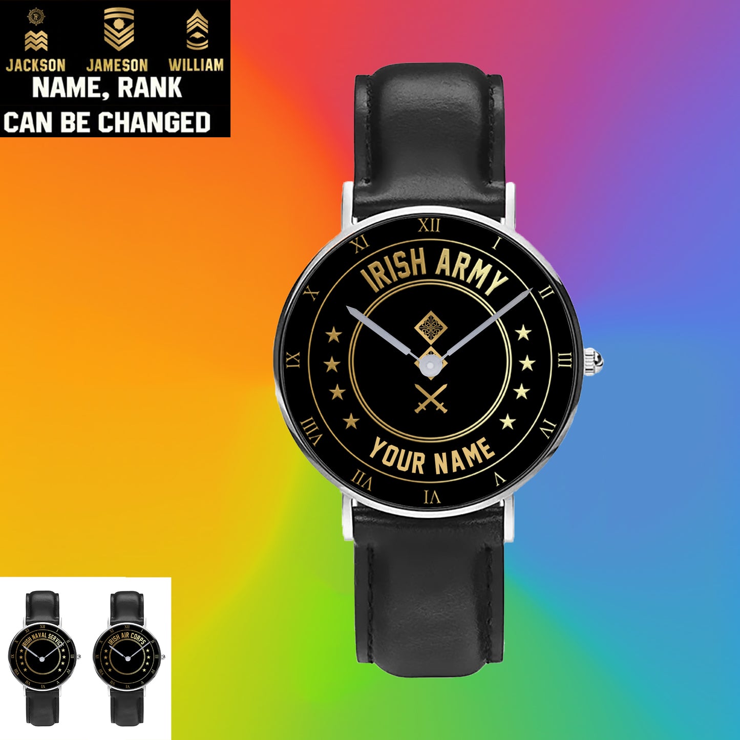 Personalized Ireland Soldier/ Veteran With Name And Rank Black Stitched Leather Watch - 17108928 - Gold Version