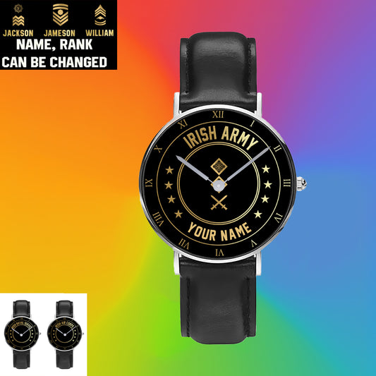 Personalized Ireland Soldier/ Veteran With Name And Rank Black Stitched Leather Watch - 2003240001 - Gold Version