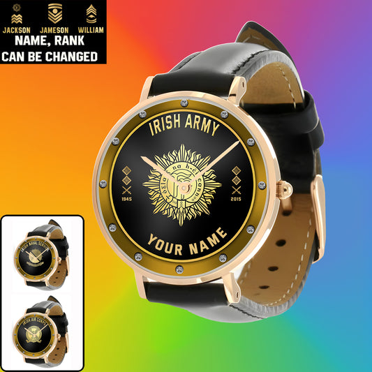 Personalized Ireland Soldier/ Veteran With Name, Rank And Year Black Stitched Leather Watch - 1803240001 - Gold Version