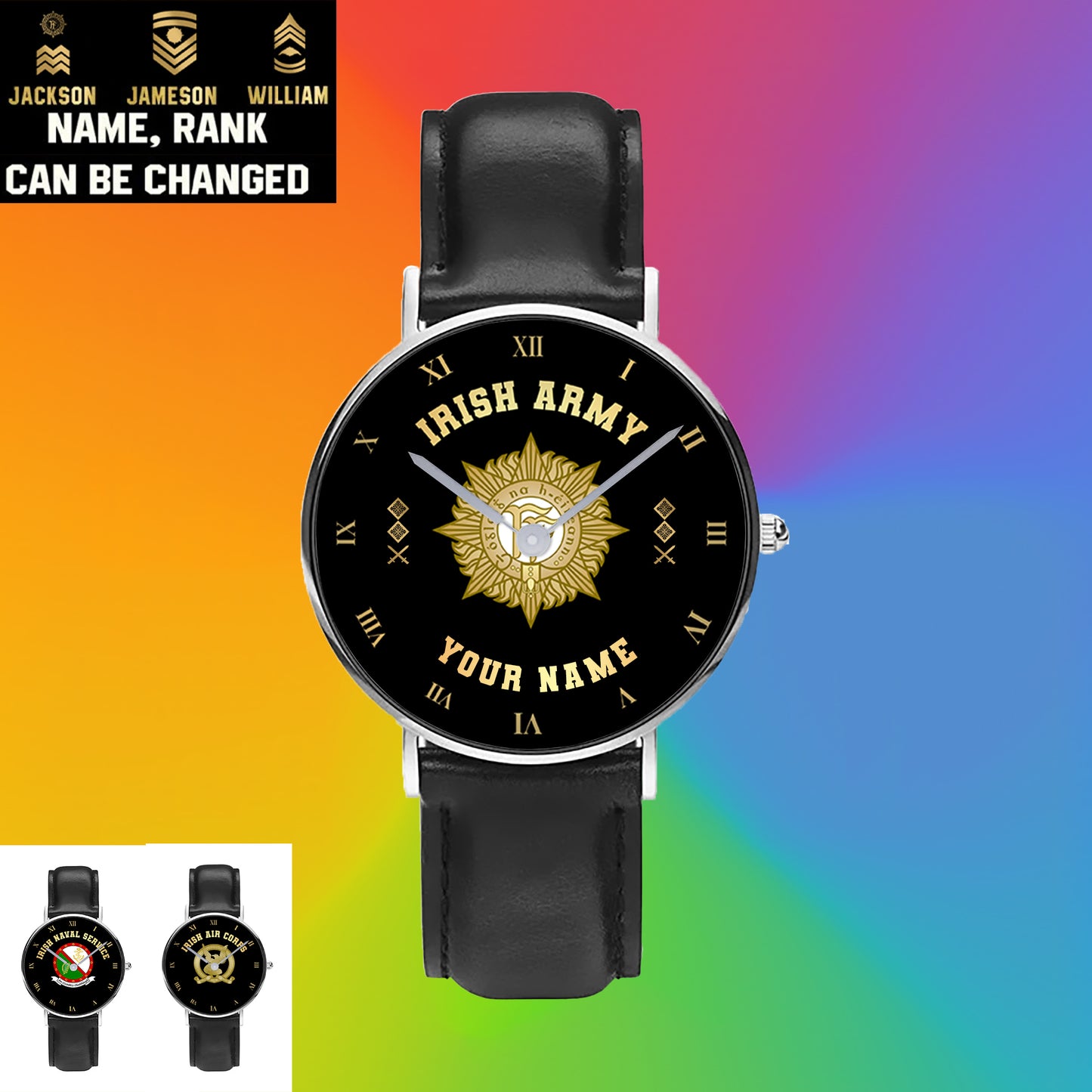 Personalized Ireland Soldier/ Veteran With Name And Rank Black Stitched Leather Watch - 17098560 - Gold Version
