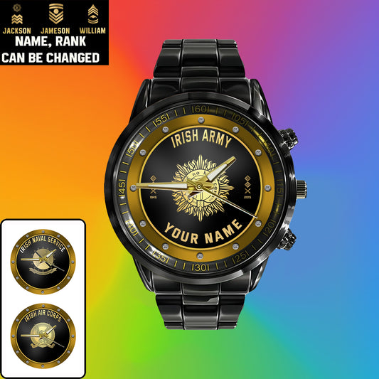 Personalized Ireland Soldier/ Veteran With Name, Rank And Year Black Stainless Steel Watch - 1803240001 - Gold Version