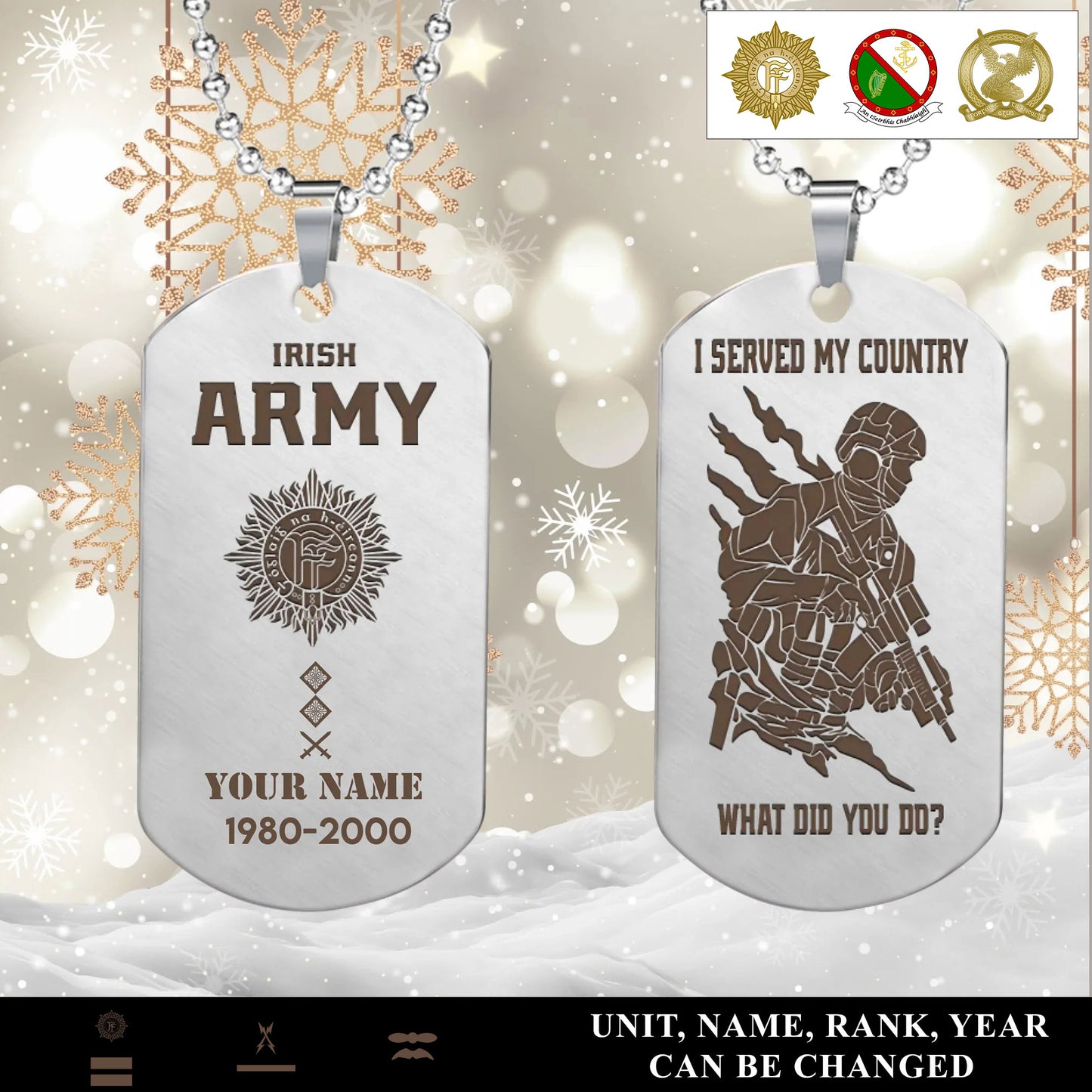 Personalized Ireland Soldier/Veteran with Rank, Name & Year Dog Tag Necklace - 17639424