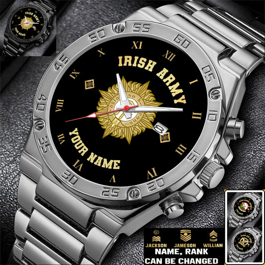 Personalized Ireland Soldier/ Veteran With Name And Rank Gentleman Stainless Steel Watch - 17388864