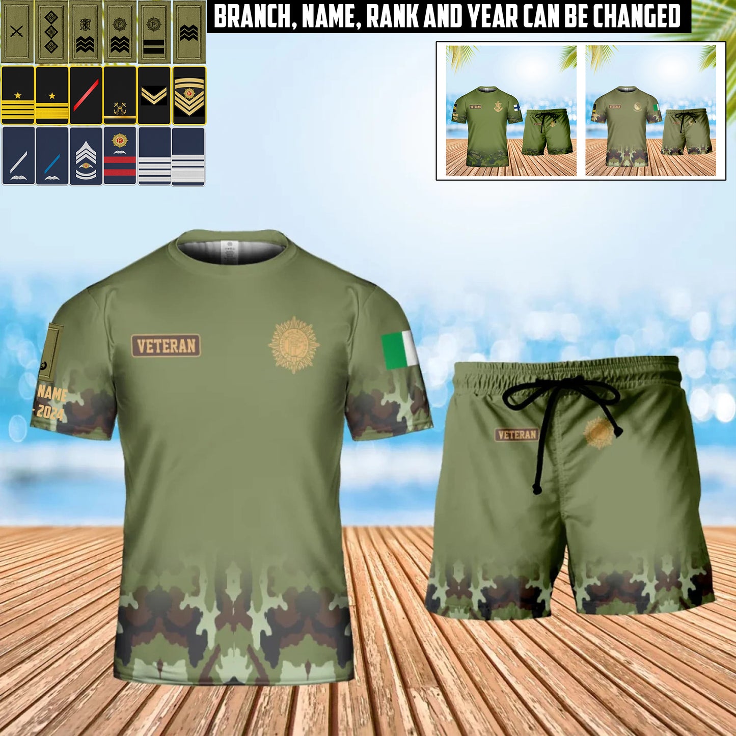 Personalized Ireland Soldier/ Veteran Camo With Name, Year And Rank Combo T-Shirt + Short 3D Printed  - 17407872