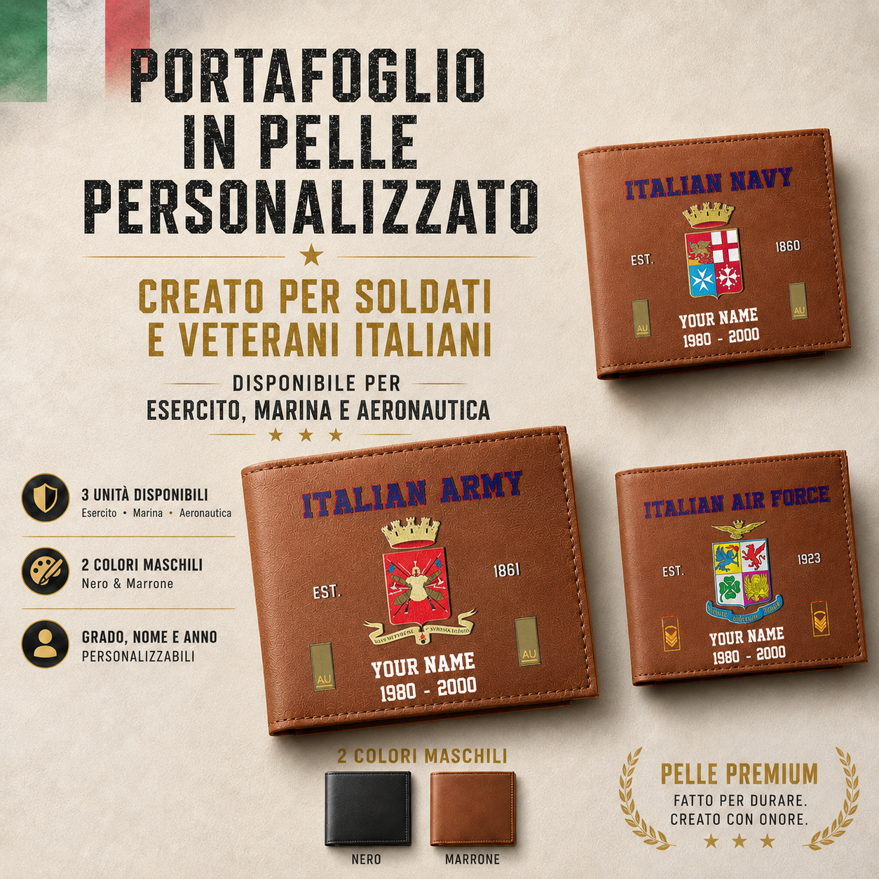 Personalized Italy Soldier/ Veteran With Rank, Year And Name Leather Wallet - 17441568
