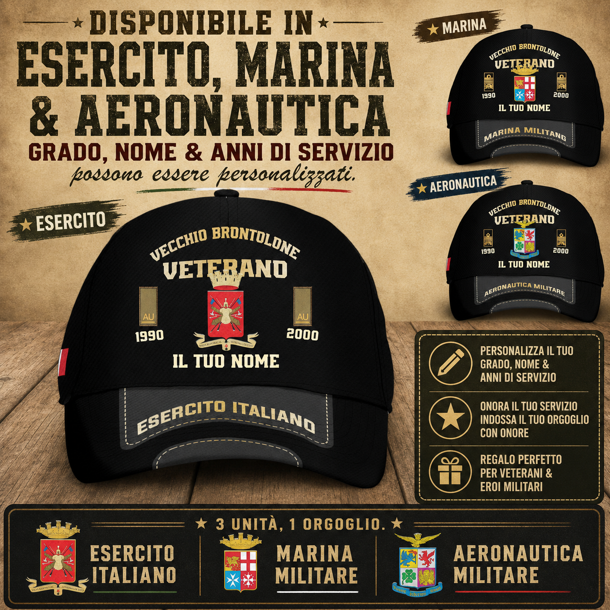Vecchio Brontolone Veterano Cappello - Personalizzabile con Nome e Grado - 1757376005