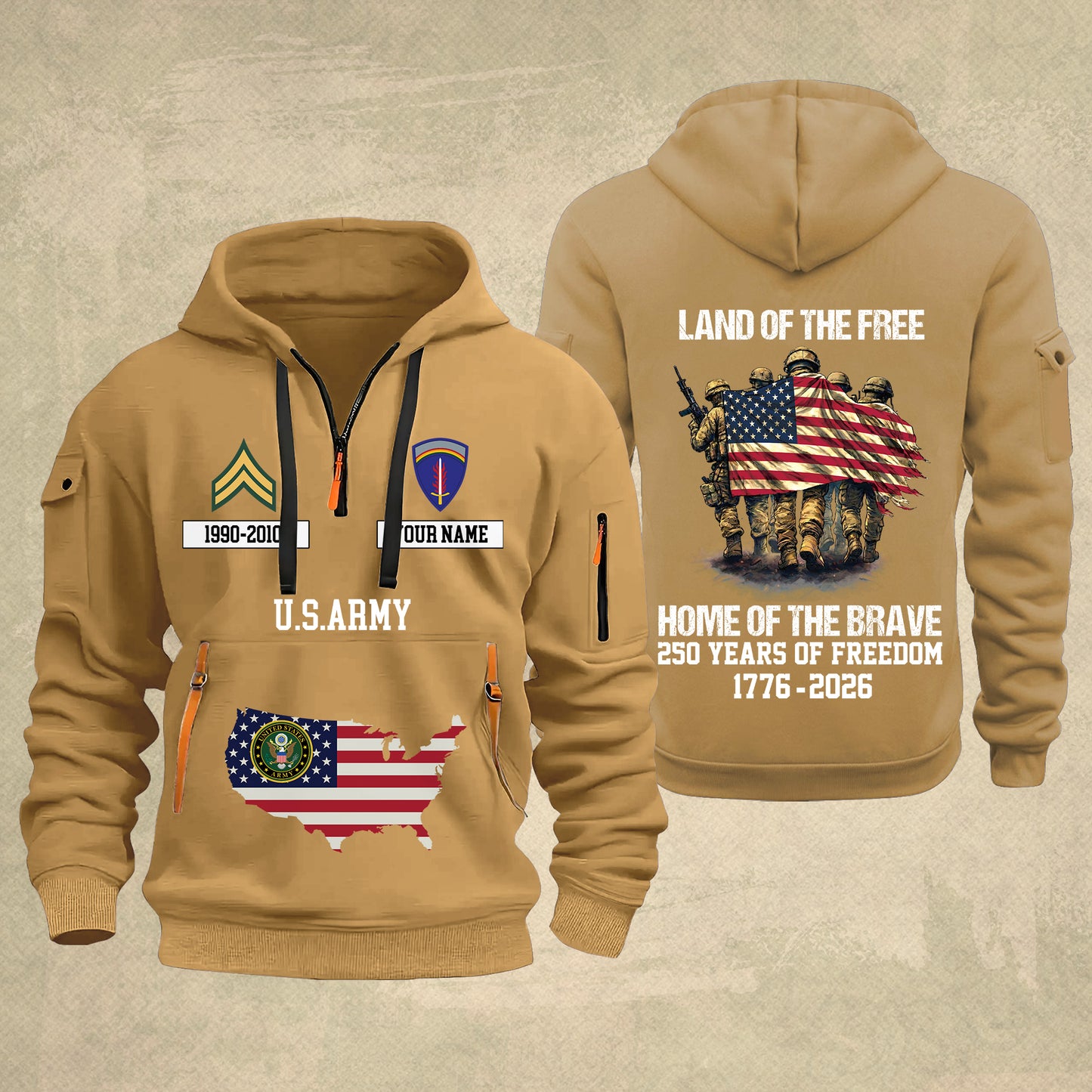 Army Division - Land Of The Free Home Of The Brave – Personalized Zip Hoodie Multicolor, Custom Rank Unit Military Branch Zip Hoodie Multicolor, 250th USA, 4th of July - 17700768