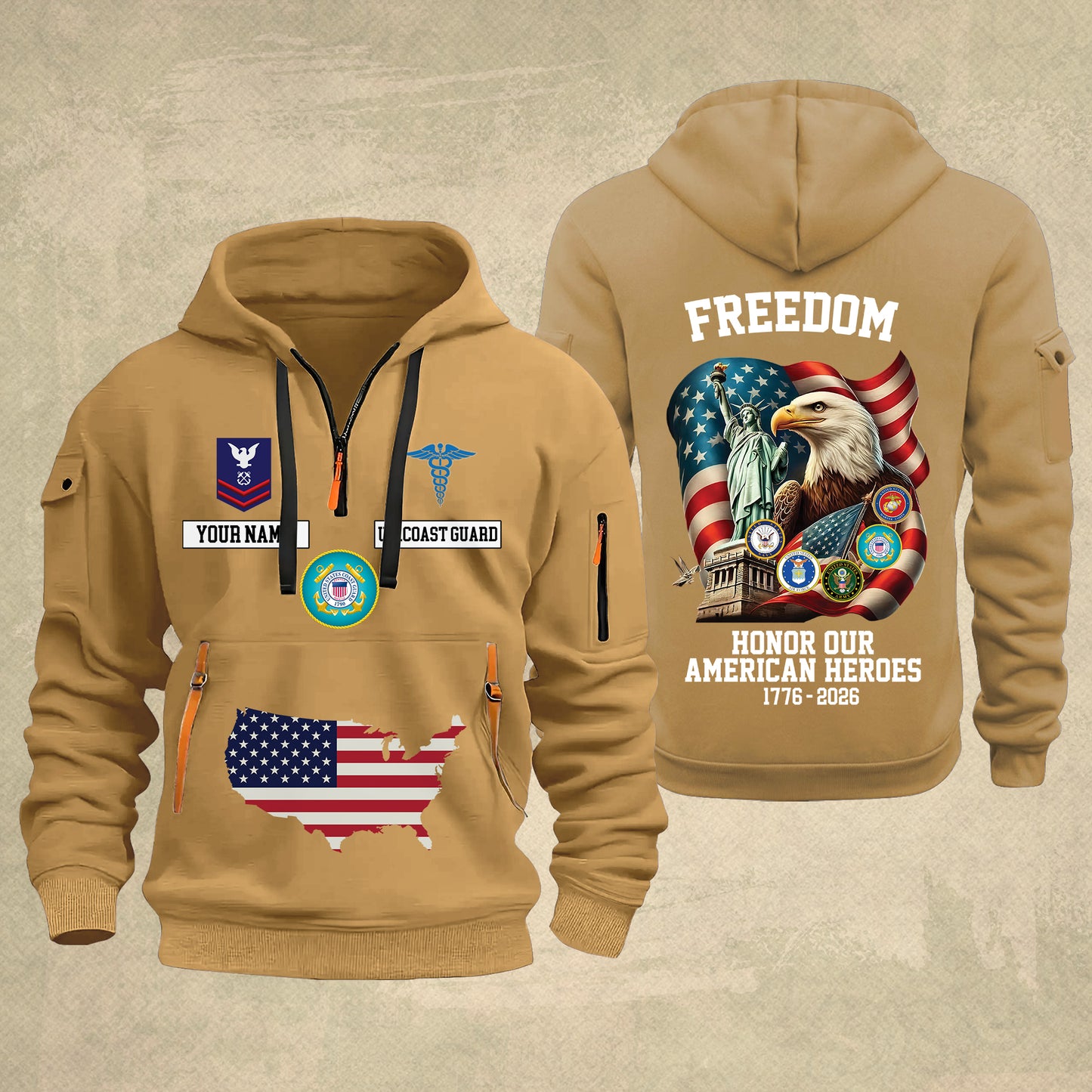 Coast Guard Rating - Freedom Honor Our American Heroes – Personalized Multicolor Zip Hoodie | Custom Military Branch | 250th Anniversary | 4th of July - 17699904