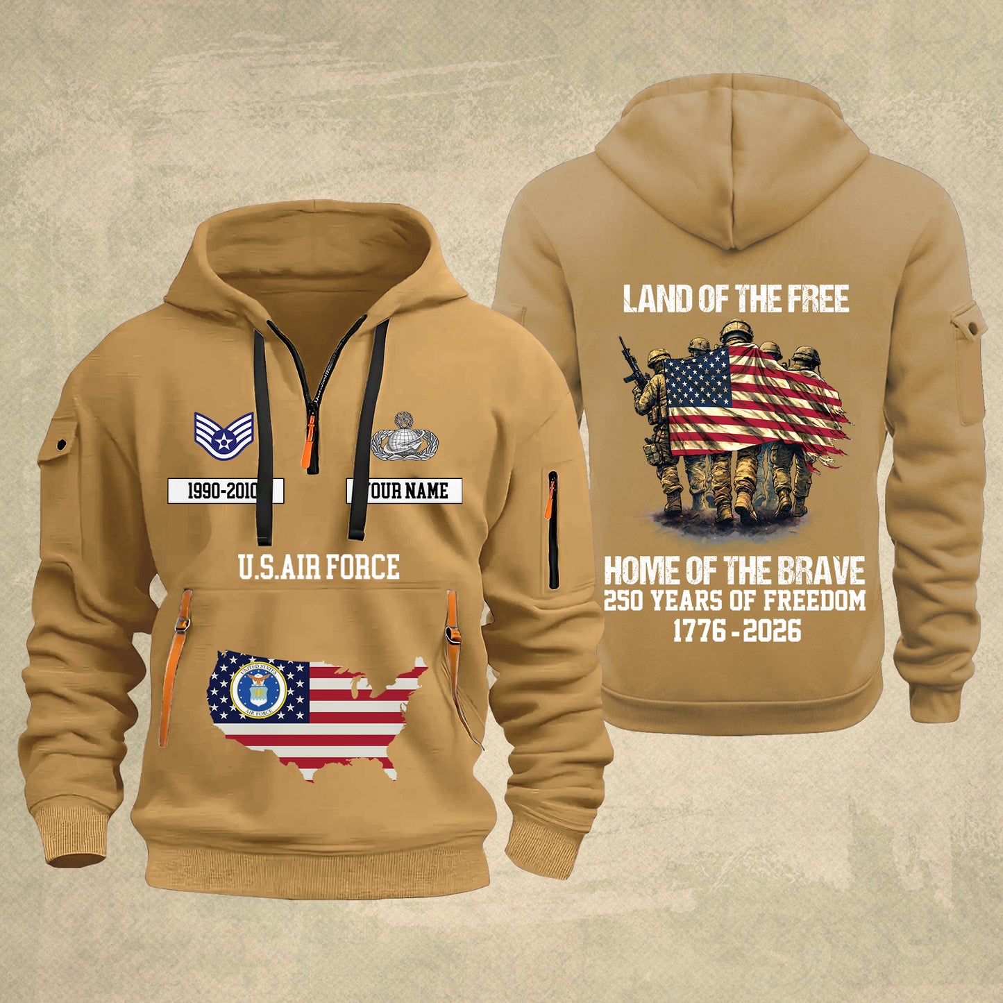 Air Force Badge - Land Of The Free Home Of The Brave – Personalized Zip Hoodie Multicolor, Custom Rank Unit Military Branch Zip Hoodie Multicolor, 250th USA, 4th of July - 17700768