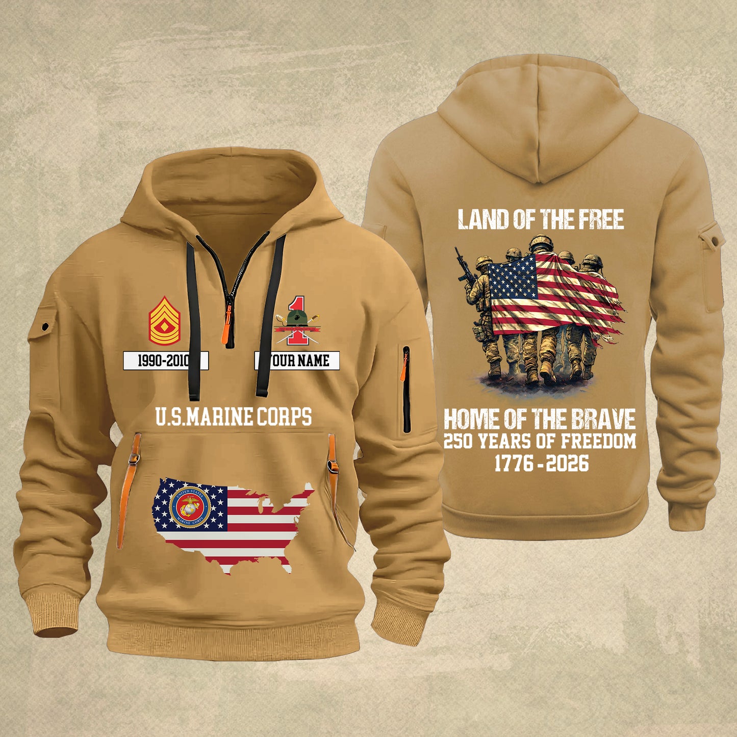 Marines Battalions - Land Of The Free Home Of The Brave – Personalized Zip Hoodie Multicolor, Custom Rank Unit Military Branch Zip Hoodie Multicolor, 250th USA, 4th of July - 17700768