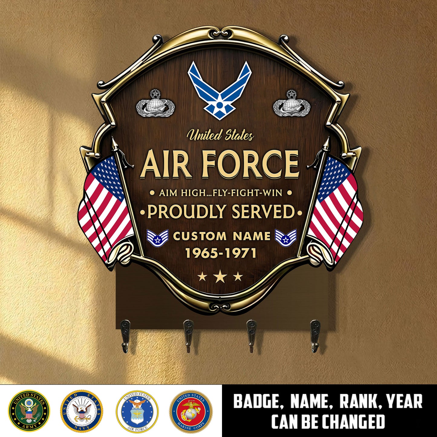 Air Force Badge - Personalized US Veteran/ Soldier With Rank, Year And Name Wooden Key Holder - 17762112