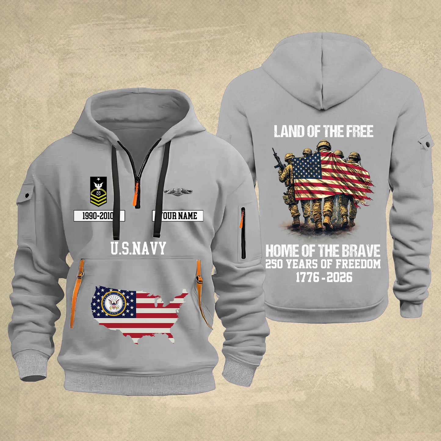 Navy Badge - Land Of The Free Home Of The Brave – Personalized Zip Hoodie Multicolor, Custom Rank Unit Military Branch Zip Hoodie Multicolor, 250th USA, 4th of July - 17700768