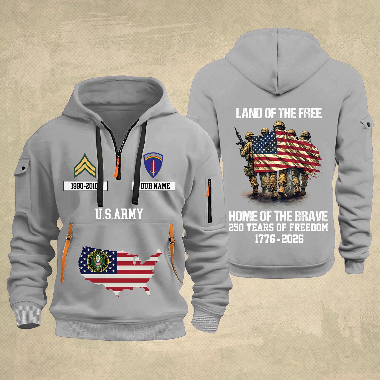 Army Division - Land Of The Free Home Of The Brave – Personalized Zip Hoodie Multicolor, Custom Rank Unit Military Branch Zip Hoodie Multicolor, 250th USA, 4th of July - 17700768