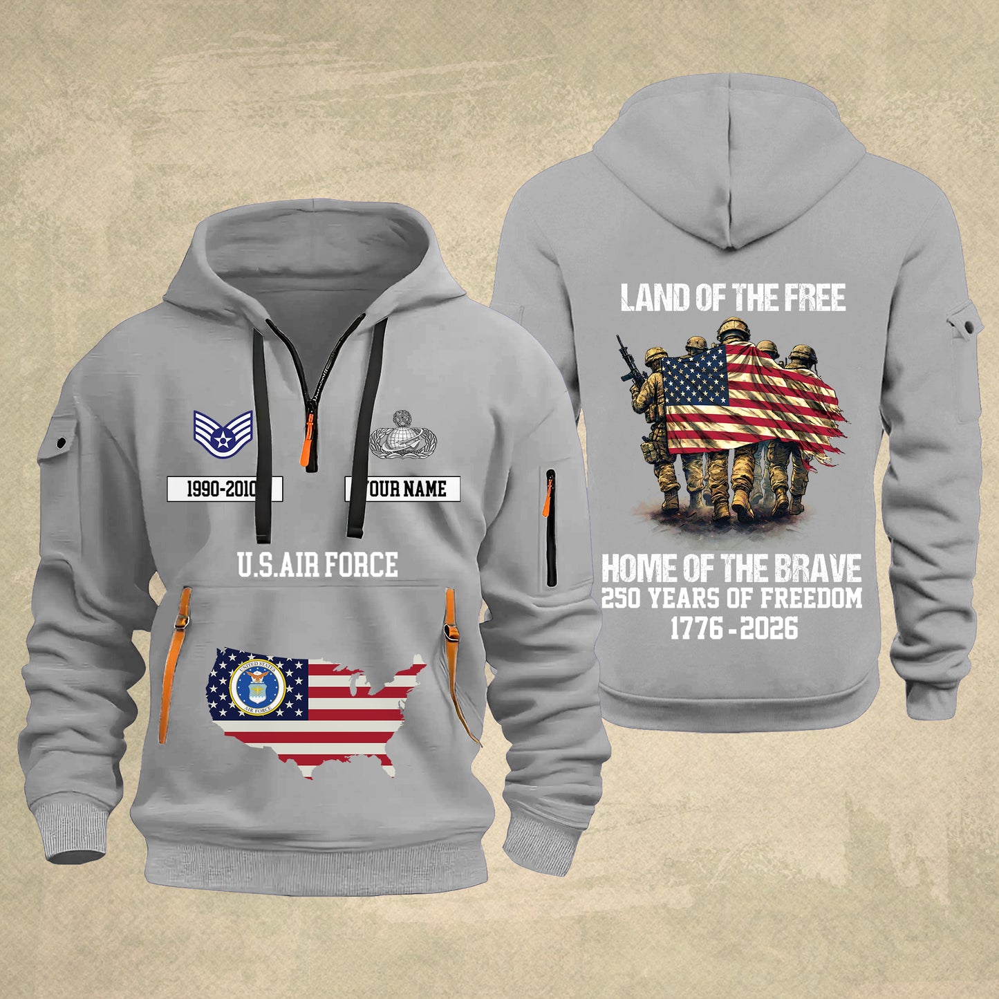 Air Force Badge - Land Of The Free Home Of The Brave – Personalized Zip Hoodie Multicolor, Custom Rank Unit Military Branch Zip Hoodie Multicolor, 250th USA, 4th of July - 17700768