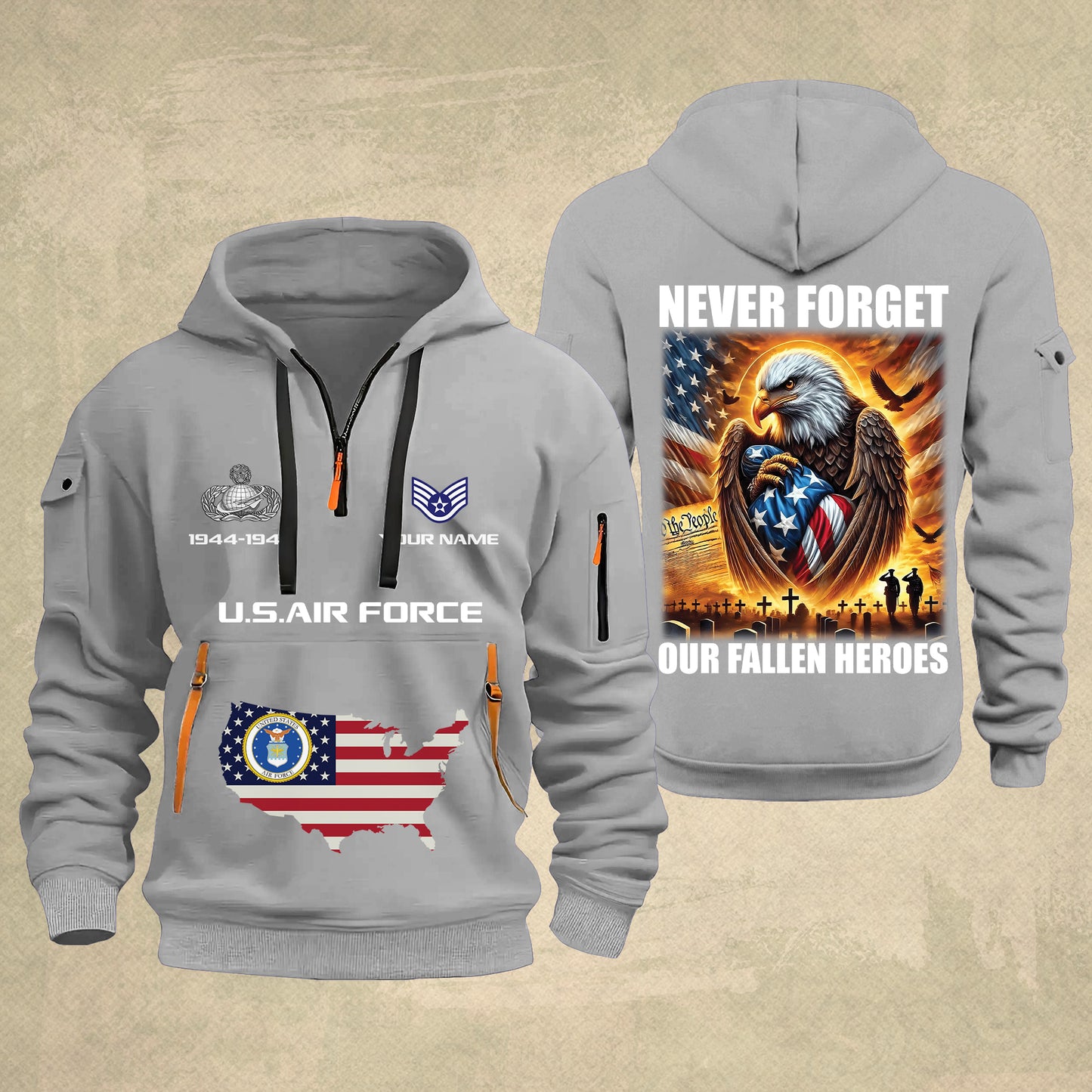 Air Force Badge - Never Forget Our Fallen Heroes 250th USA – Personalized Zip Hoodie Multicolor, 4th of July Zip Hoodie Multicolor, Custom Military Zip Hoodie Multicolor - 17692128