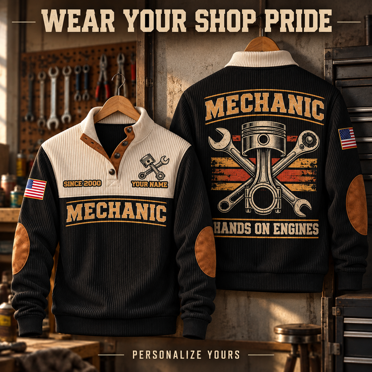 Mechanic Hands On Engines black personalized sweatshirt, front and back, garage pride ad
