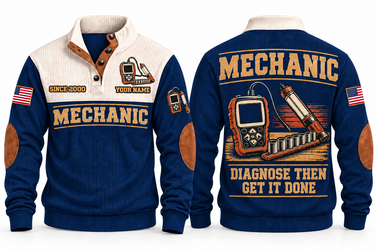 Mechanic MEC02 sports sweatshirt navy, front and back with flat printed artwork