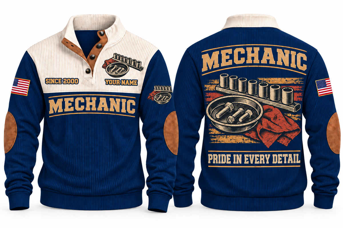 Mechanic MEC07 sports sweatshirt navy, front and back with flat printed artwork