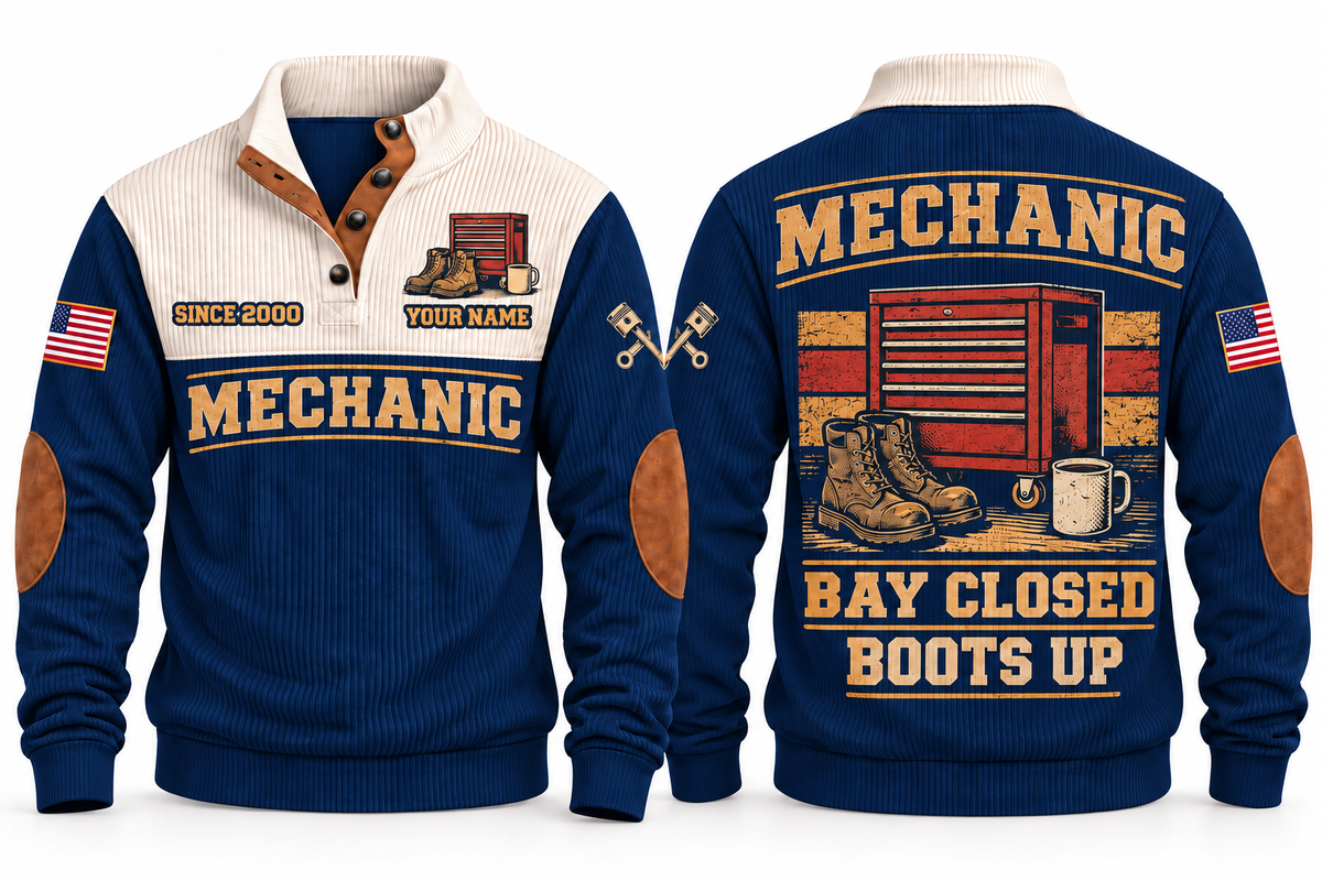 Mechanic MEC08 sports sweatshirt navy, front and back with flat printed artwork