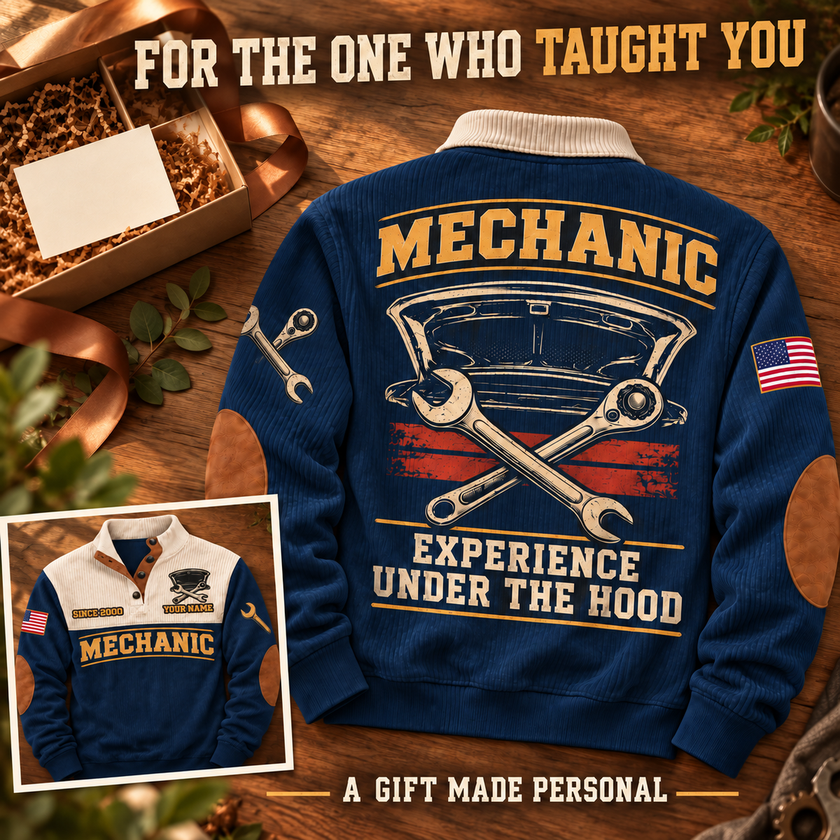 Mechanic Experience Under The Hood navy personalized sweatshirt, gift for mentor ad