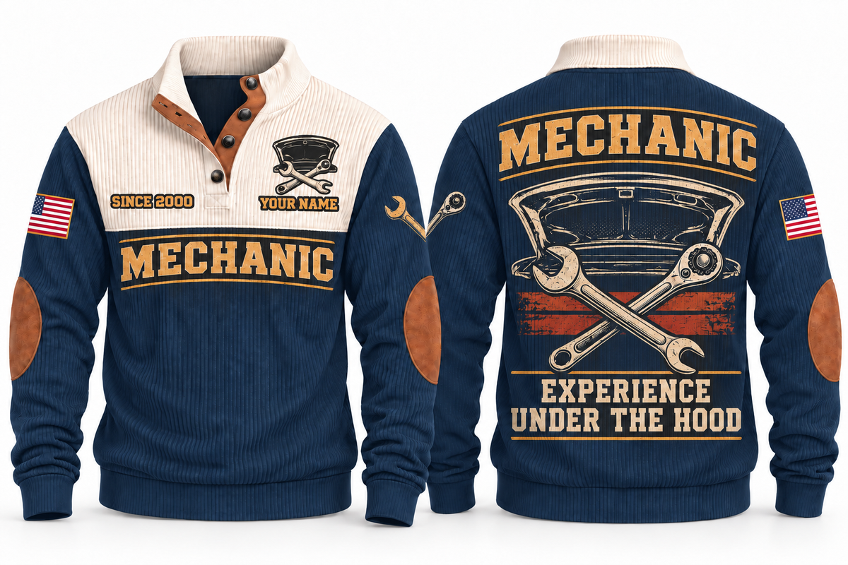 Mechanic MEC10 sports sweatshirt navy, front and back with flat printed artwork