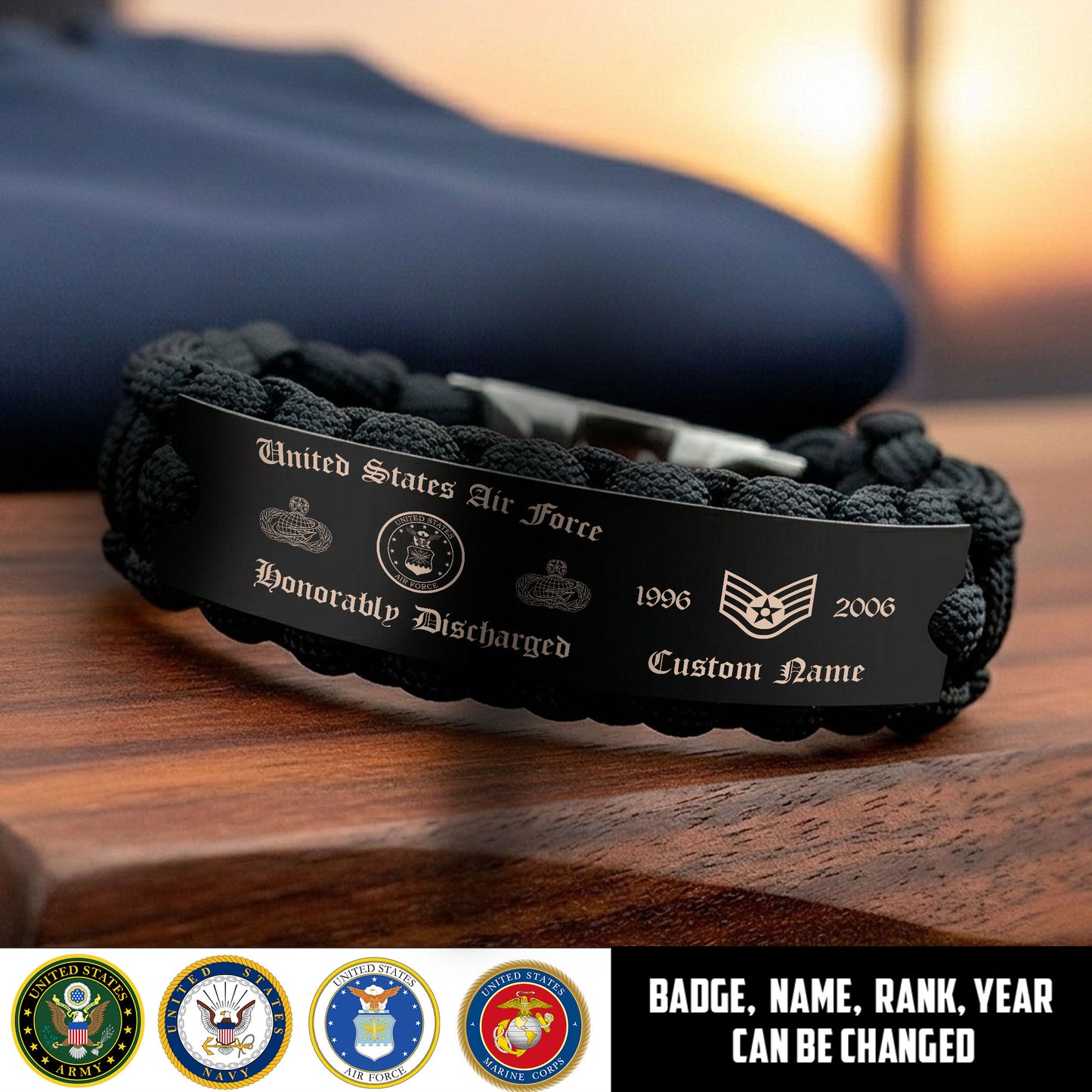 Air Force Badge - Personalized US Soldier/ Veteran Engraved Military Paracord Bracelet With Rank, Name and Year -  17784576