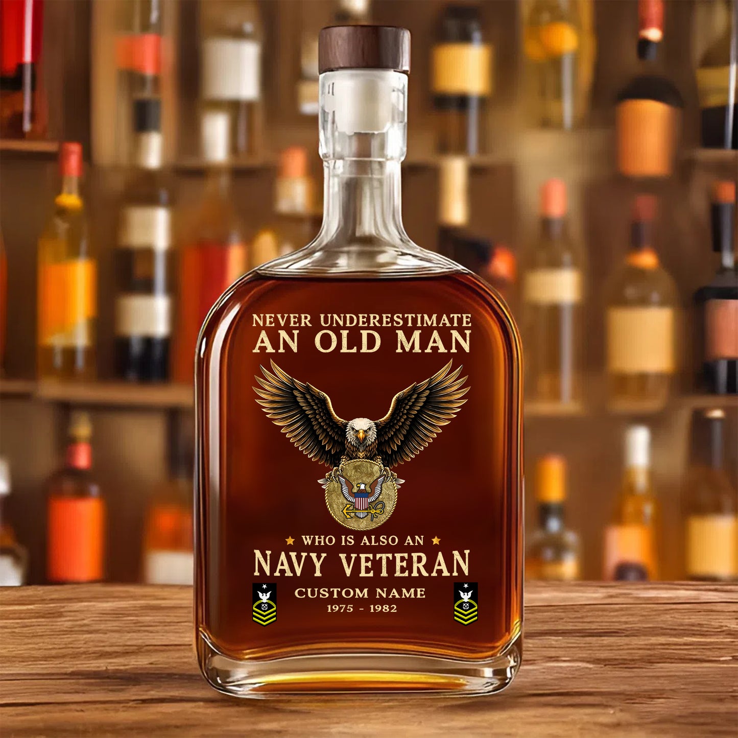 Navy Badge - Personalized US Soldier/ Veteran With Rank, Name And Year Whiskey Bottle Glass - 17769888