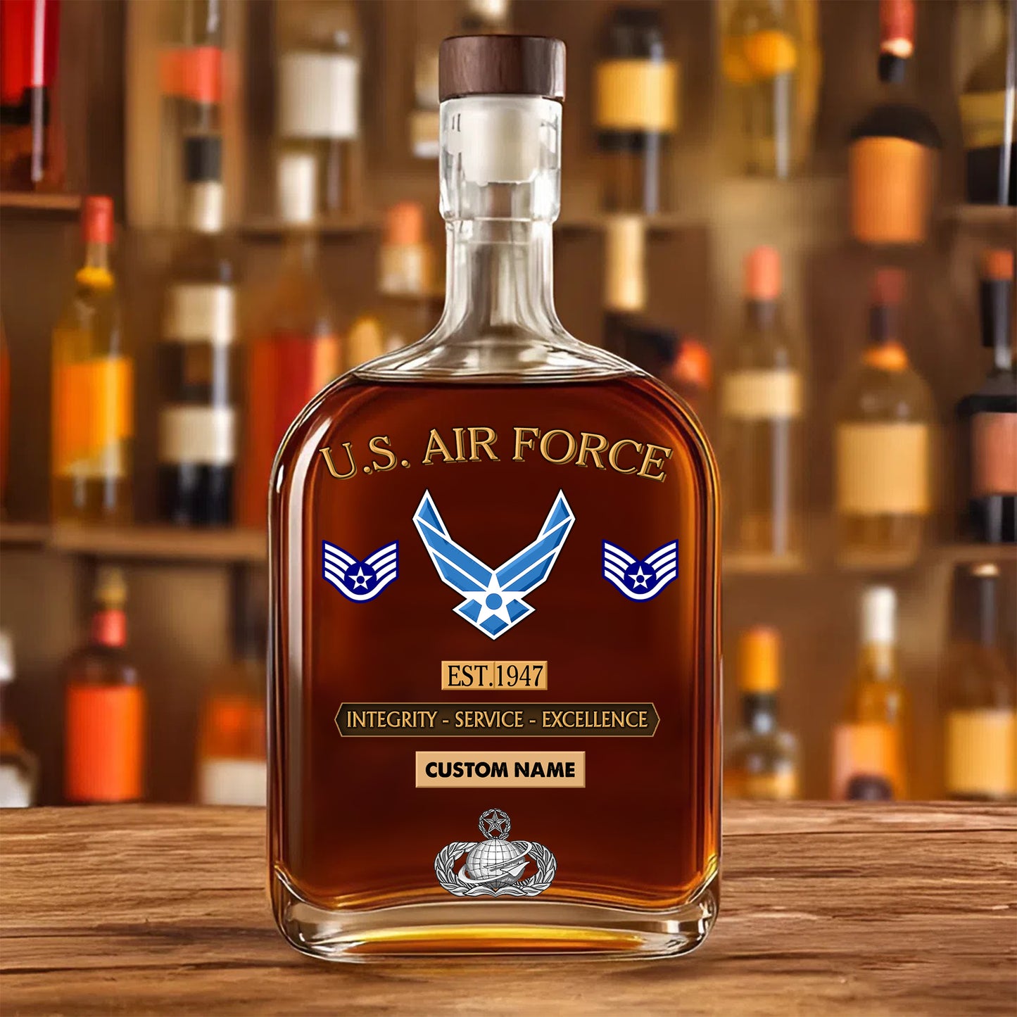 Air Force Badge - Personalized US Soldier/ Veteran With Rank, Name And Year Whiskey Bottle Glass - 1776988803