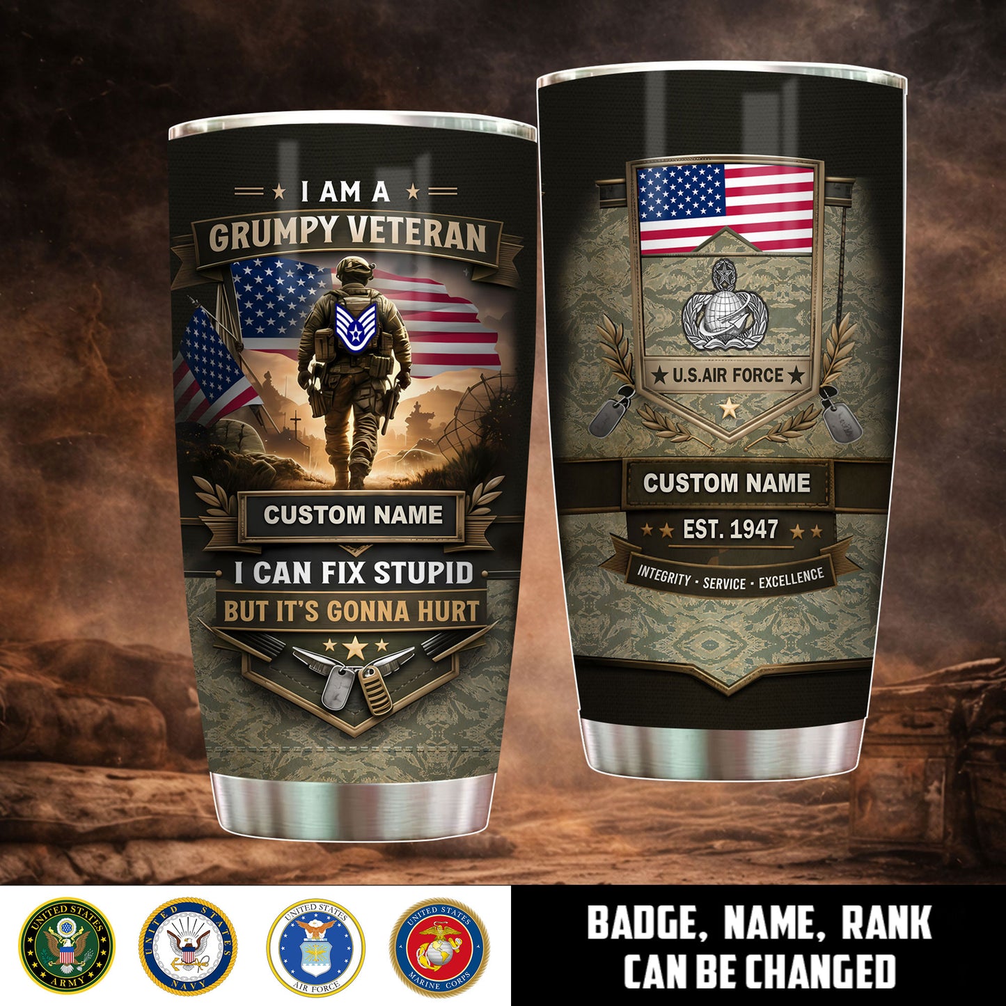 Air Force Badge  - Personalized US Veteran/ Soldier With Rank And Name Camo Tumbler - 17769024