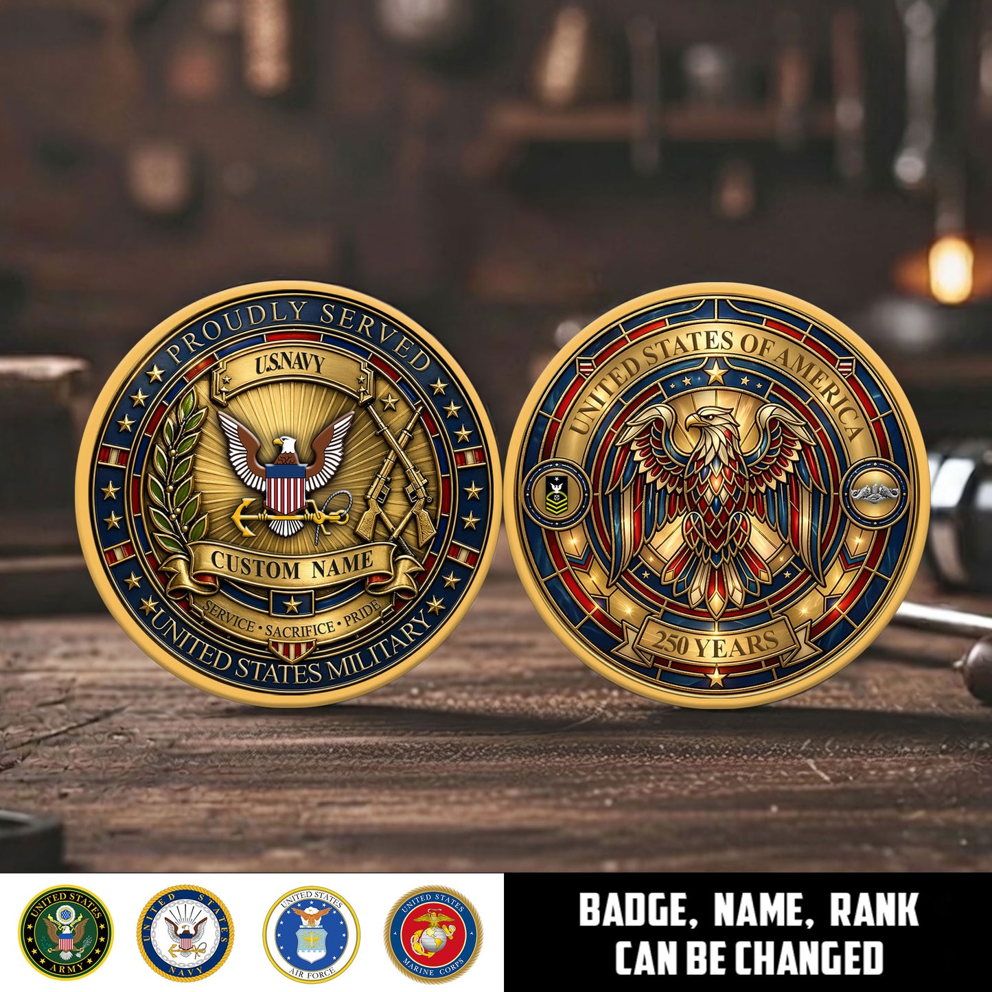 Navy Badge - Personalized US Veteran/ Soldier With Rank, Name And Year 250th Anniversary Coin - 1777420803
